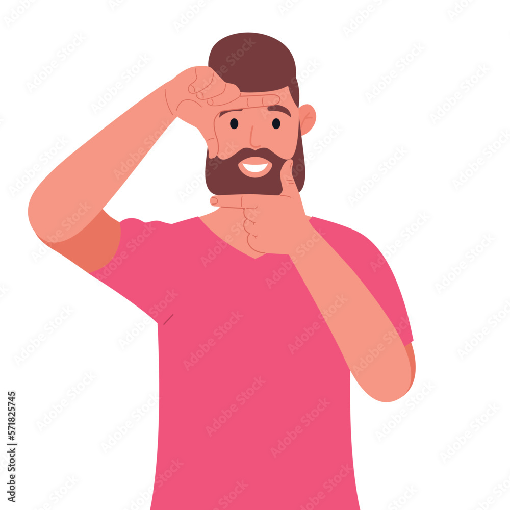 Bearded man in pink t-shirt focusing with they fingers, making frame with hands. Vector illustration.