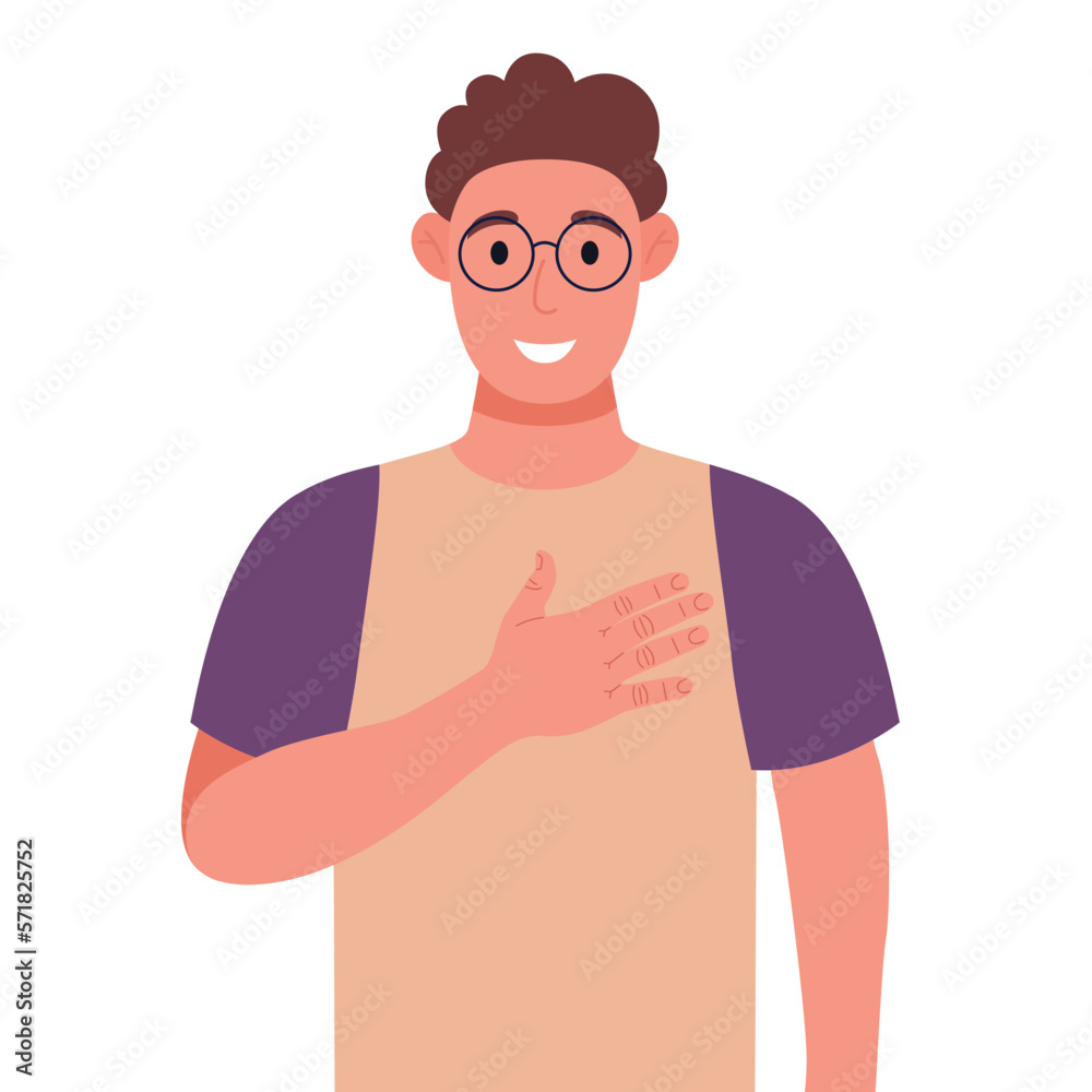 Curly young man in glasses expresses his positive feeling to people, keep hand on chest or heart. Vector illustration. Curly young man in glasses expresses his positive feeling to people, keep hand on chest or heart. Vector illustration.