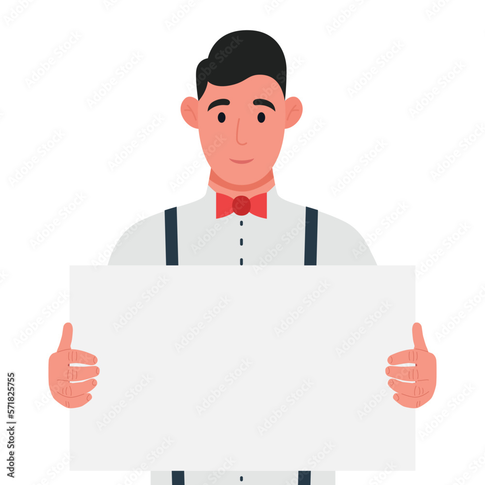 Young man holding a blank poster, empty sheet of white paper or board. Vector illustration.