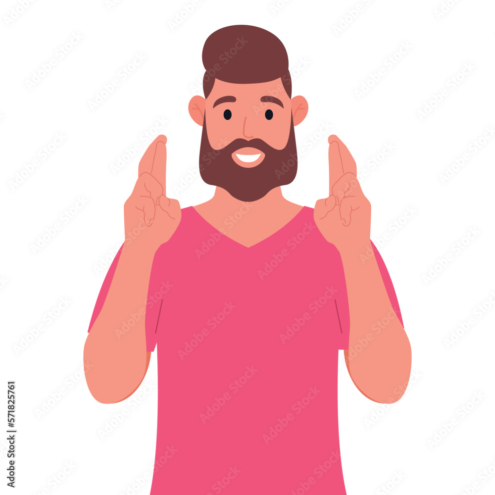 Bearded man in pink t-shirt showing hopeful gesture sign with fingers crossed. Vector illustration.