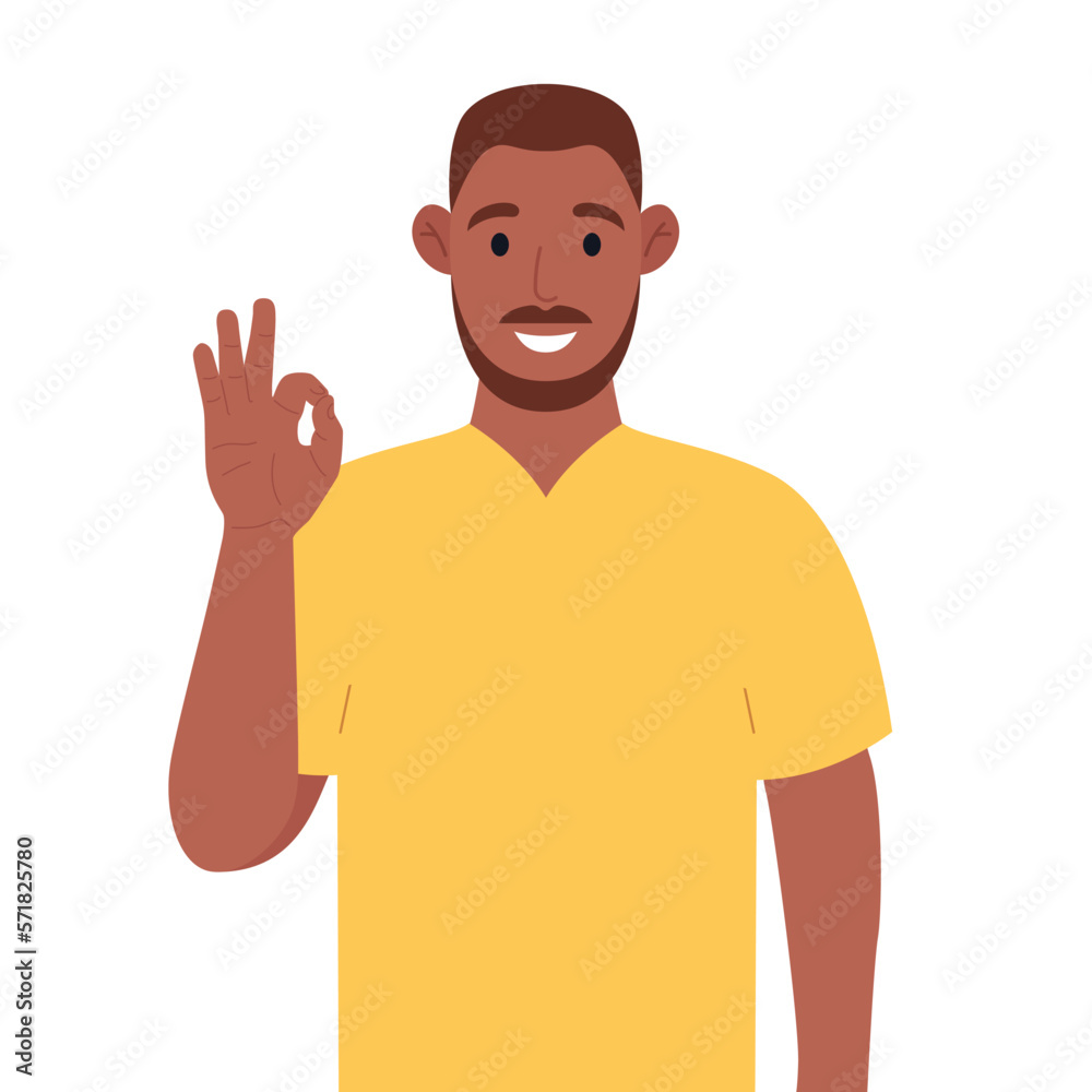 African american showing ok gesture. The happy man expresses his positive emotions. Vector illustration. African american showing ok gesture. The happy man expresses his positive emotions. Vector illustration.