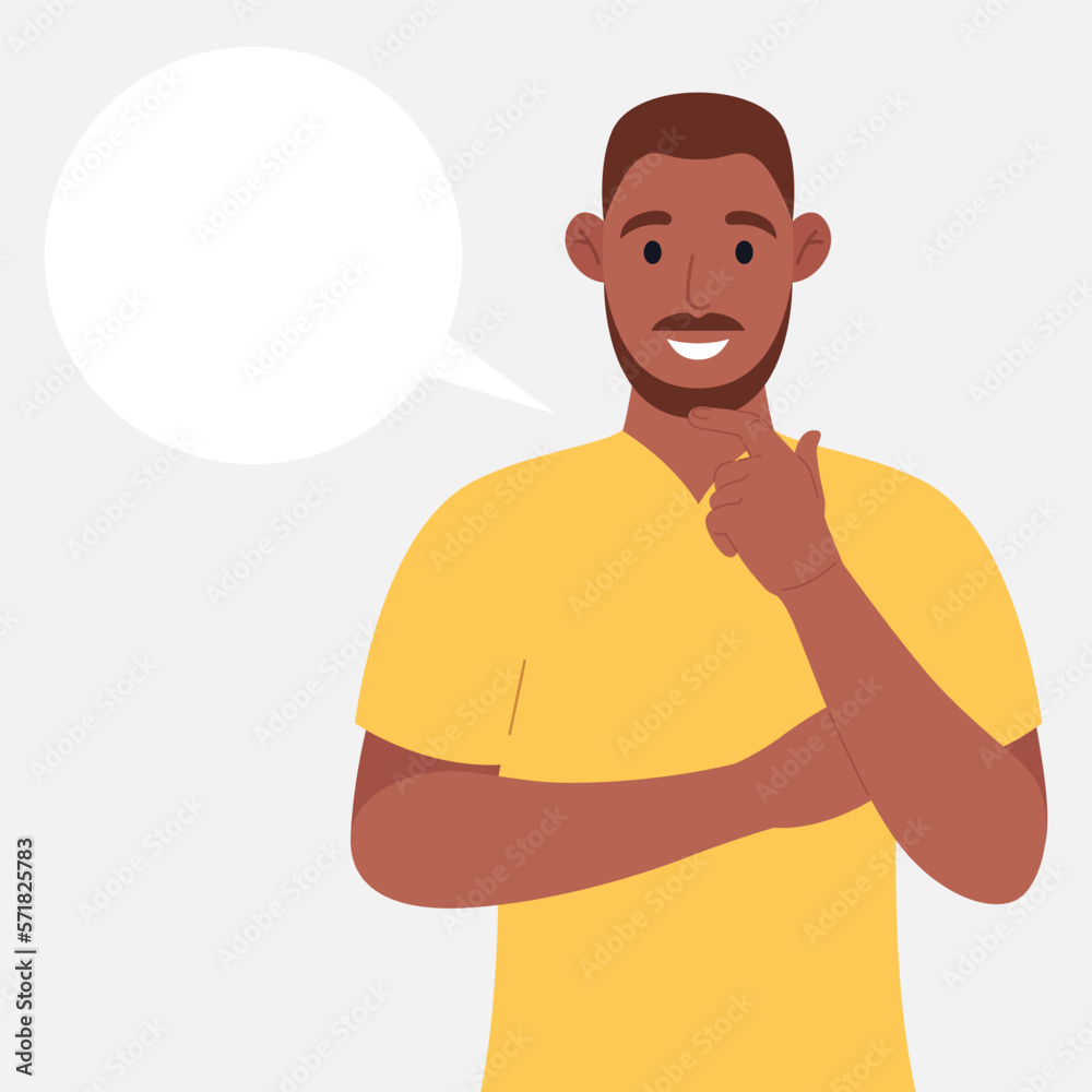 African american thinks. Pondering on particular belief or idea, empty cloud bubble for text or image. Vector illustration.