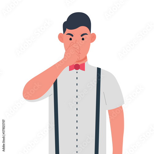 Young man holding fingers on nose Vector illustration.