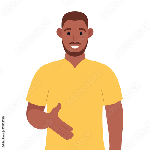 African american giving hand shake pose and smiling with welcome gesture. Vector illustration.