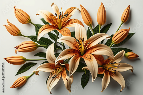 White lily flowers on white background  flower pattern  copy space and space for text mother s day greeting card  women s day  wedding. Generative AI