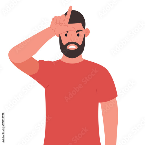 Bearded man showing loser sign on forehead with fingers. Vector illustration.