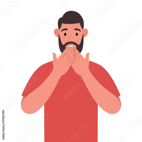 Bearded man shocked covering mouth with hand for mistake. Expression of fear, scared in silence, secret concept. Vector illustration.