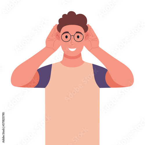 Curly young man in glasses trying to hear something seriously. The guy is raising his hands to his ears. Vector illustration.