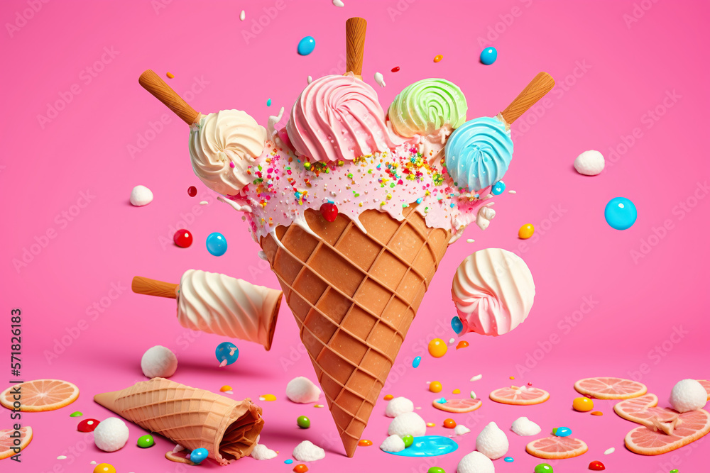 Splash of Ice Cream waffles cones with colorful sprinkles candy, sweets jelly, lollipop scattering of multicolored sweets on pink background, sweat party concept. Ai Generative