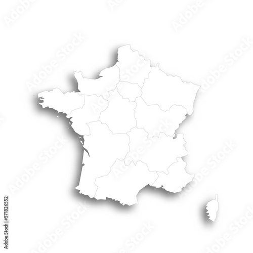France political map of administrative divisions - regions. Flat white blank map with thin black outline and dropped shadow.