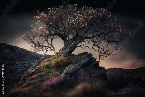 majestic old tree on a hill in the evening twilight, generative ai
