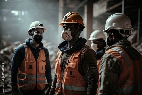 Group of workers in hardhats wearing masks, front view. Dust in the air. Generative ai