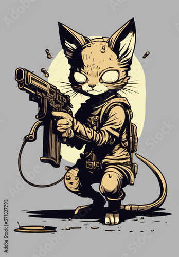 Furious cat with gun creative vector portrait