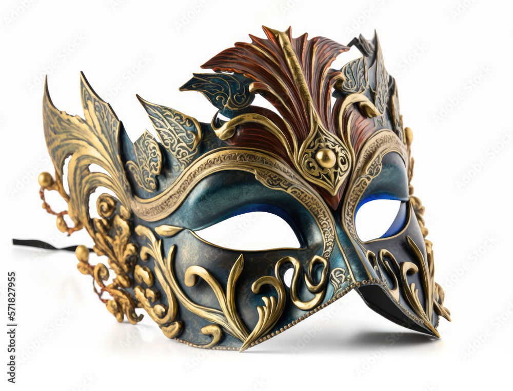 Festive face mask for carnival celebration on white background, generative ai