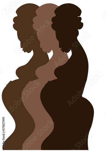 Silhouette of a group of pregnant African women. Three women are depicted in profile standing side by side. Heads bowed, looking at your stomach. illustration   
