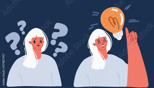 Cartoon vector illustration of Question mark. Woman asking questions around a huge question mark. Bulb lamp. Finding idea concept.