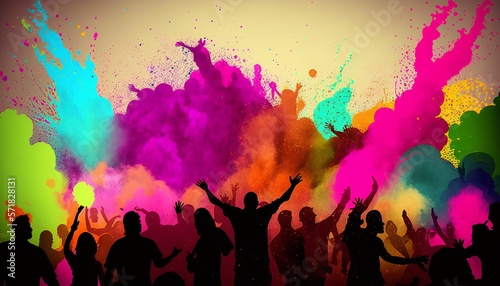 Holi party crowd background, People covered with colored powder rejoice celebrate and dance, Generative ai