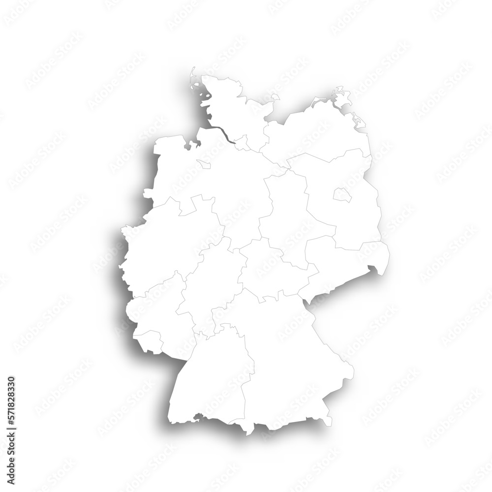 Germany political map of administrative divisions - federal states. Flat white blank map with thin black outline and dropped shadow.
