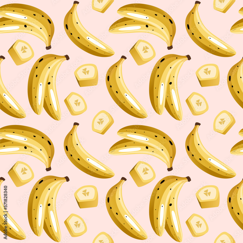 Cartoon seamless pattern with juicy bananas on white background. Tropical trendy fruits. Vector contrast pattern for fabrics, wallpapers and your creativity.