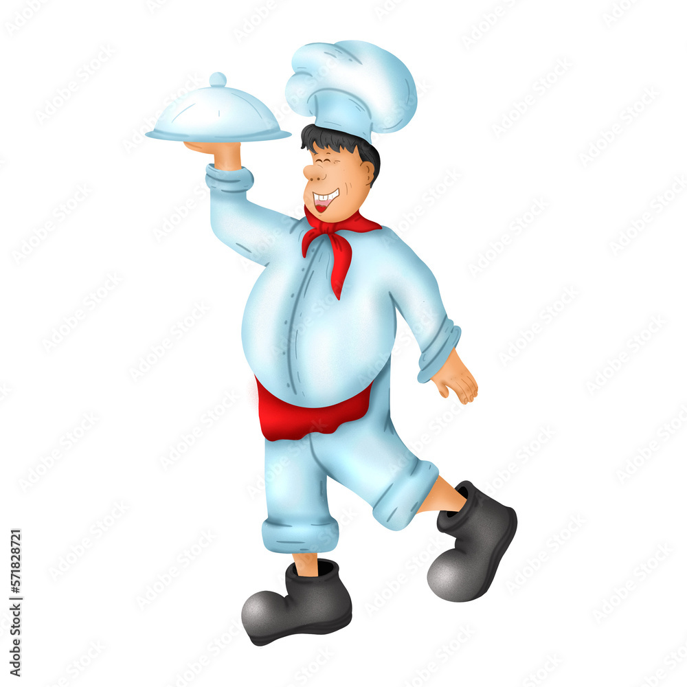 An Asian-looking chef holds a tray of food. Cartoon-style illustration. An Asian-looking chef holds a tray of food. Cartoon-style illustration.
