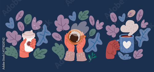 Cartoon vector illustration of Hands with coffee cups. Diverse female hand holding different coffee cups and mugs. Friendship, sisterhood, caffeine concept.