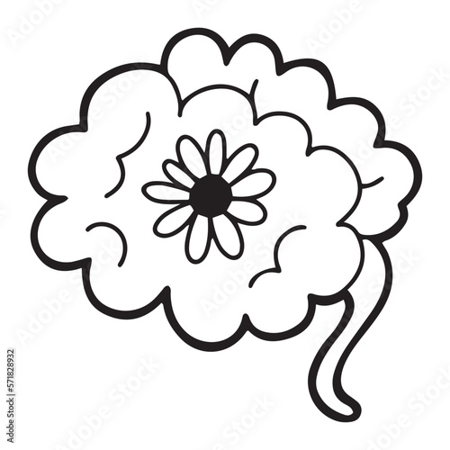 Hand drawn doodle brains with a flower, surreal vector illustration in line design, concept of positive thinking