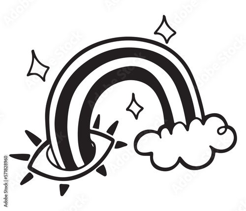 Hand drawn psychedelic illustration with rainbow popping out of the eye, isolated vector in line doodle design
