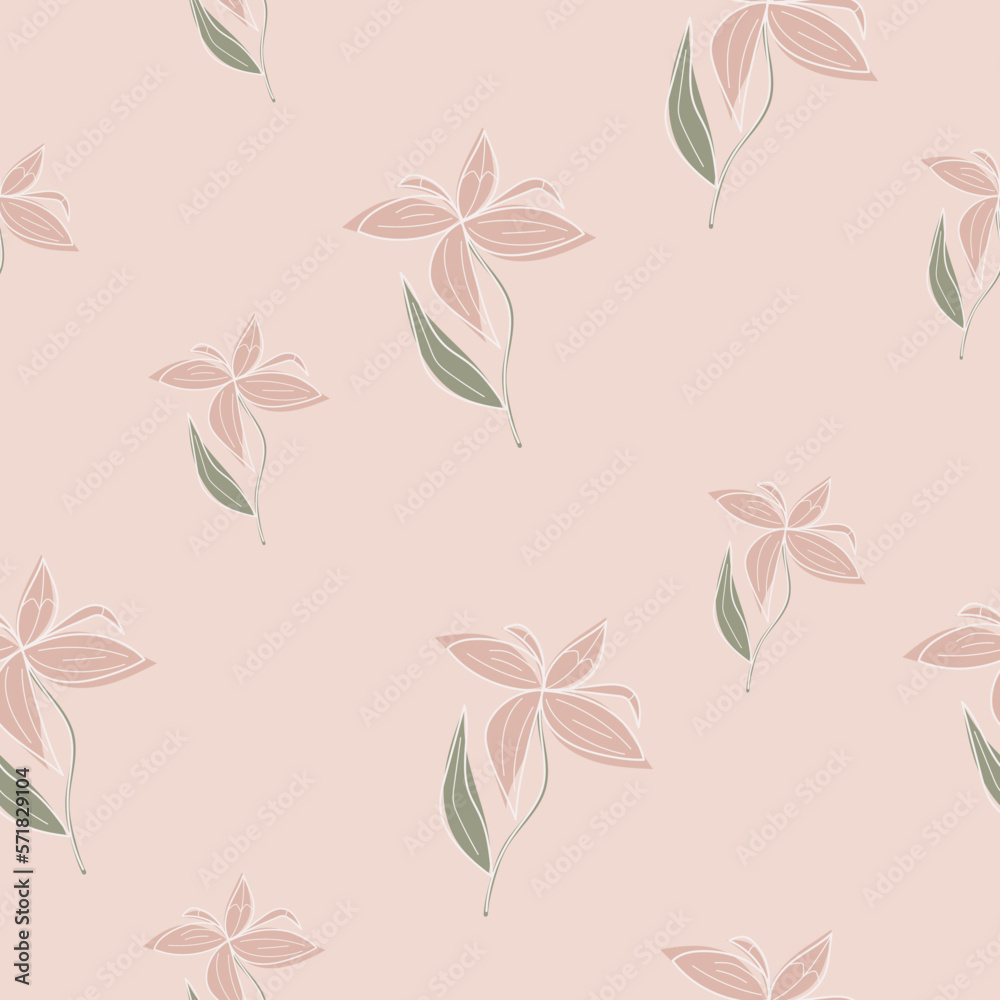 Hand drawn elegant pink flowers. Cute seamless floral pattern in a minimalist style. Modern botanical design. Trendy feminene delicate pattern.