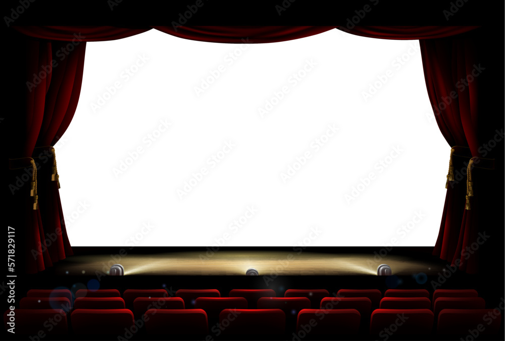 A theater or theatre or possibly a cinema movie screen background with red curtains - obrazy, fototapety, plakaty 