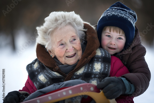 Grandmother and grandson on a sled in the snow. ia generate