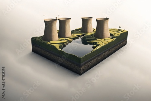 Mini nuclear power plant with a lake and a river - Isometric education science illustration, contamination nuclear energy, contamination and pollution photo