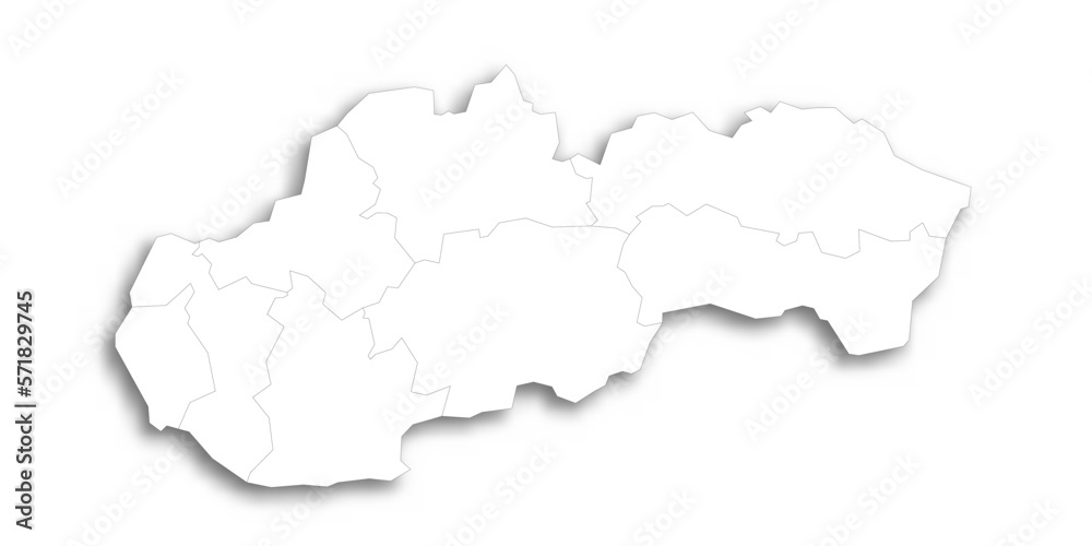 Slovakia political map of administrative divisions - regions. Flat white blank map with thin black outline and dropped shadow.