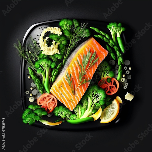 Salmon fillet with vegetables on a plate, top view. Generative AI. photo