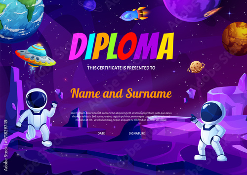 Kids diploma cartoon space landscape, astronauts