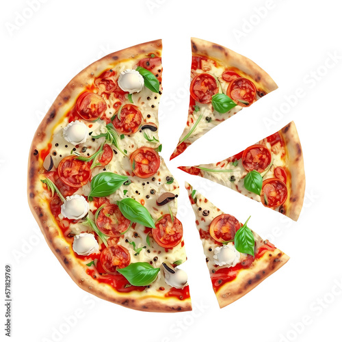 Sliced Italian pizza with ingredients floating in the air on a white background. Generative AI.