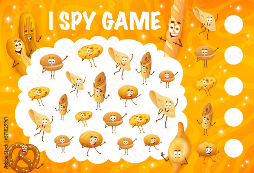 I spy game with cartoon bakery bread characters