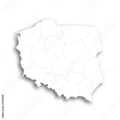 Poland political map of administrative divisions - voivodeships. Flat white blank map with thin black outline and dropped shadow.