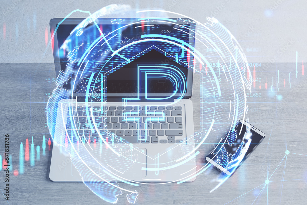 Close up of laptop and cellphone on desktop with glowing ruble hologram on blurry office background. Money, digital banking and finance concept. Double exposure.