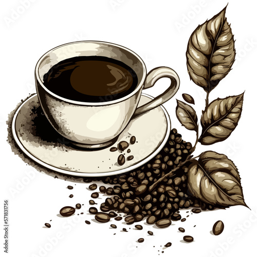 Coffee cup and beans vector illustration on white