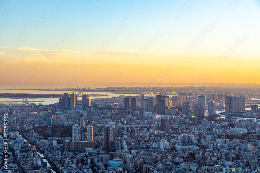夕方の東京湾と東京の街並みの風景