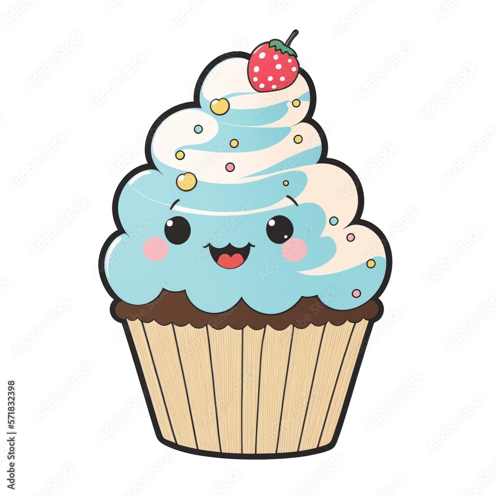cupcake blanc et bleu, dessin kawaii, illustration sur fond blanc, trop mignon et gourmand, IA générative cupcake blanc et bleu, dessin kawaii, illustration sur fond blanc, trop mignon et gourmand, IA générative