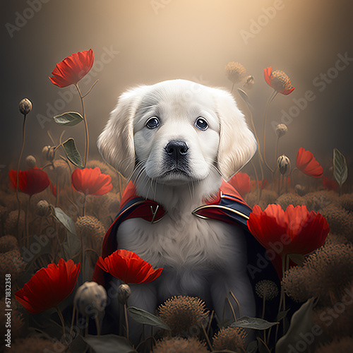 illustrazione di cucciolo di golden retriever con occhi dolci vestito da superman con mantello in un campo di papaveri creato con intelligenza artificale photo