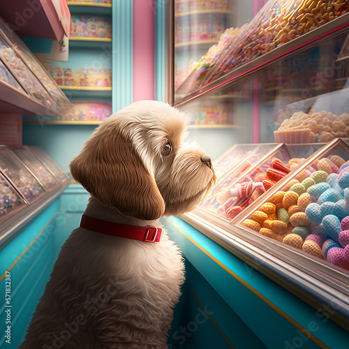illustrazione di cucciolo di cane simpatico e dolce in un negozio di caramelle, sfondo digitale photo