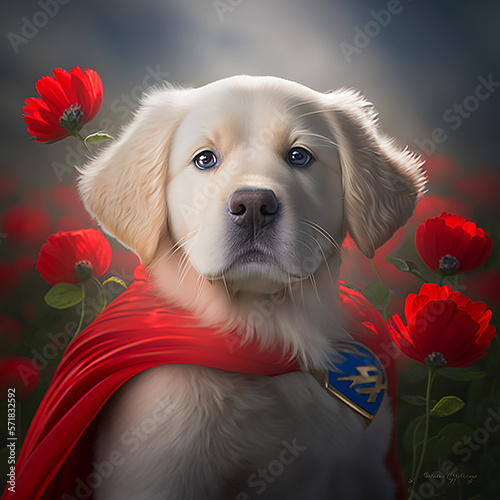 illustrazione di cucciolo di golden retriever con occhi dolci vestito da superman con mantello in un campo di papaveri creato con intelligenza artificale photo
