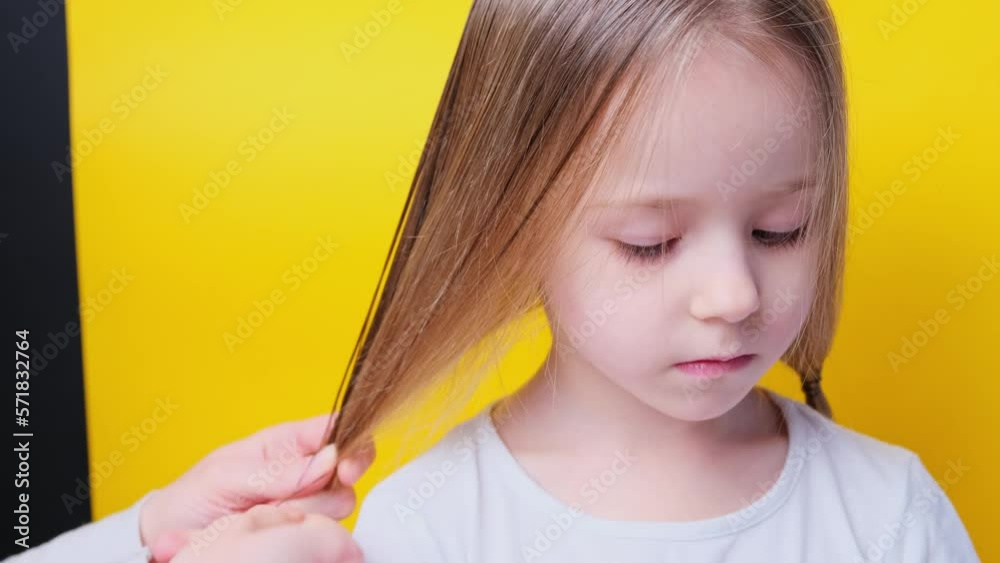 Mother tying fixing daughter's little girl hair in a ponytail elastic band Mother tying fixing daughter's little girl hair in a ponytail elastic band
