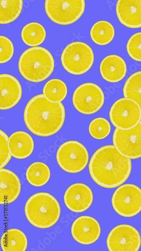 Wallpaper Mural Minimal motion design - Lemon slices rotating at violet color background. Trendy colors and style graphics. Seamless looping vertical animation. Torontodigital.ca