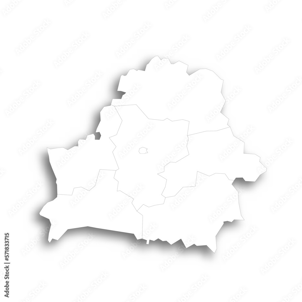 Belarus political map of administrative divisions - regions and one autonomous city. Flat white blank map with thin black outline and dropped shadow.