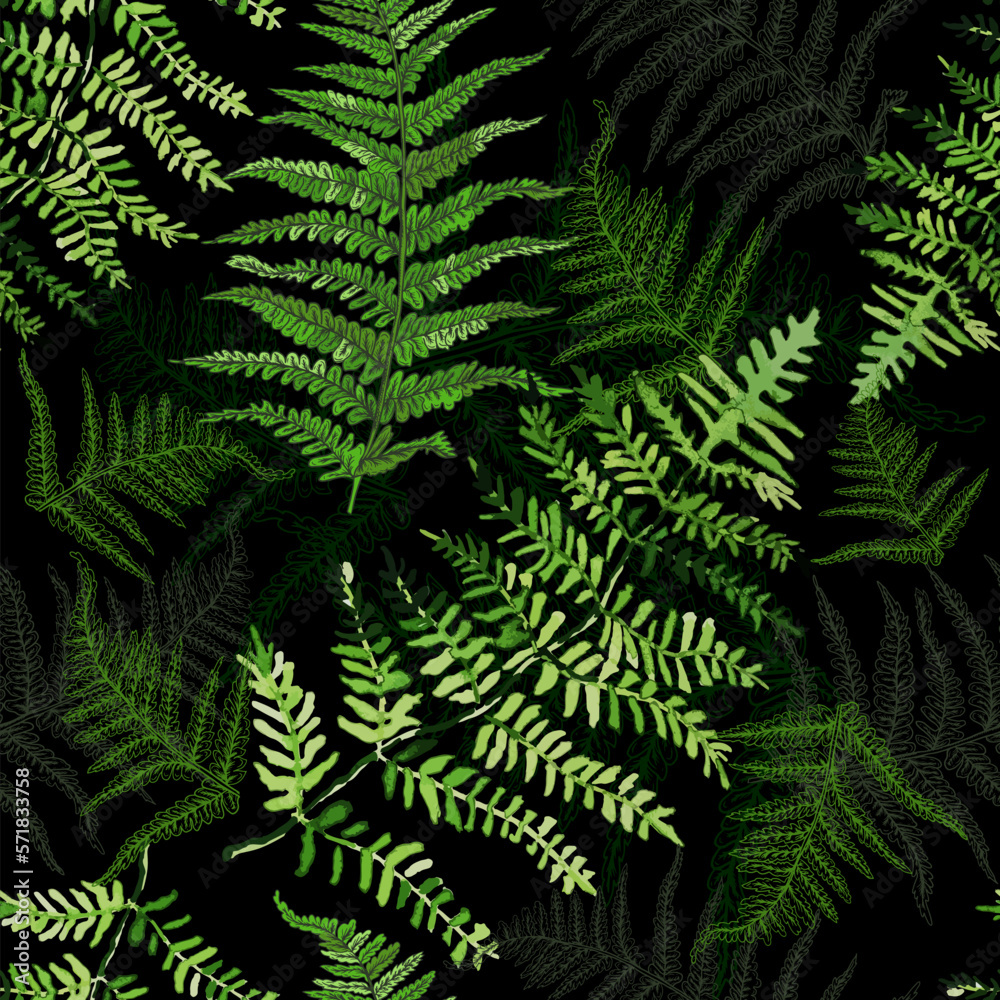 Seamless floral pattern in vintage style on a dark background. Leaves and plants. Botanical illustration. Fern seamless background. Vector illustration
