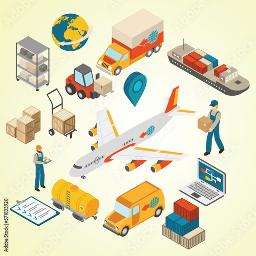 city transport isometric icons set transportation logistic shipment delivery 