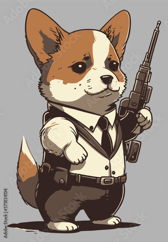 Corgi dog with gun isolated vector illustration